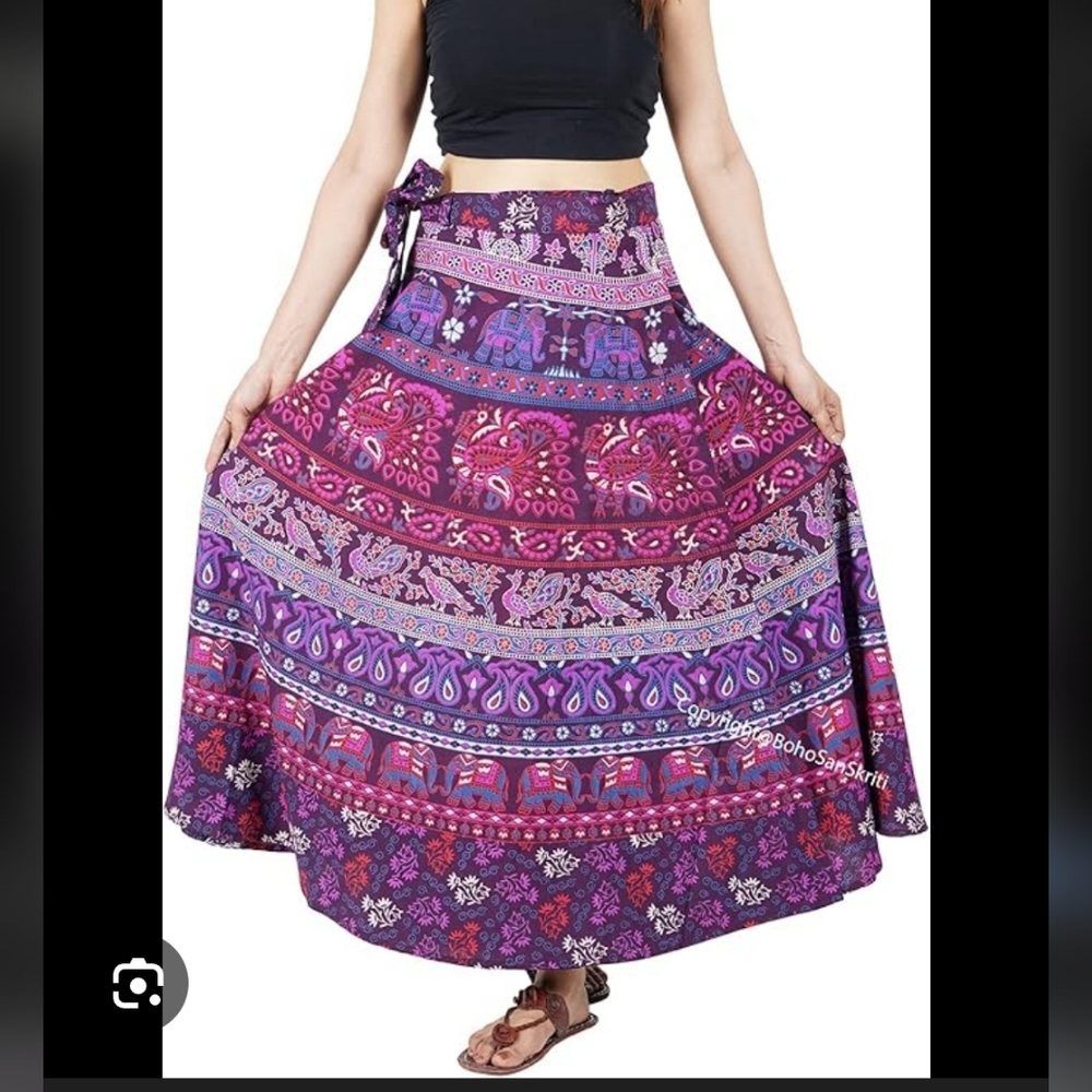India Wrap Skirt Purple Floral Paisley Cotton Flowy Fushion Belly Dance